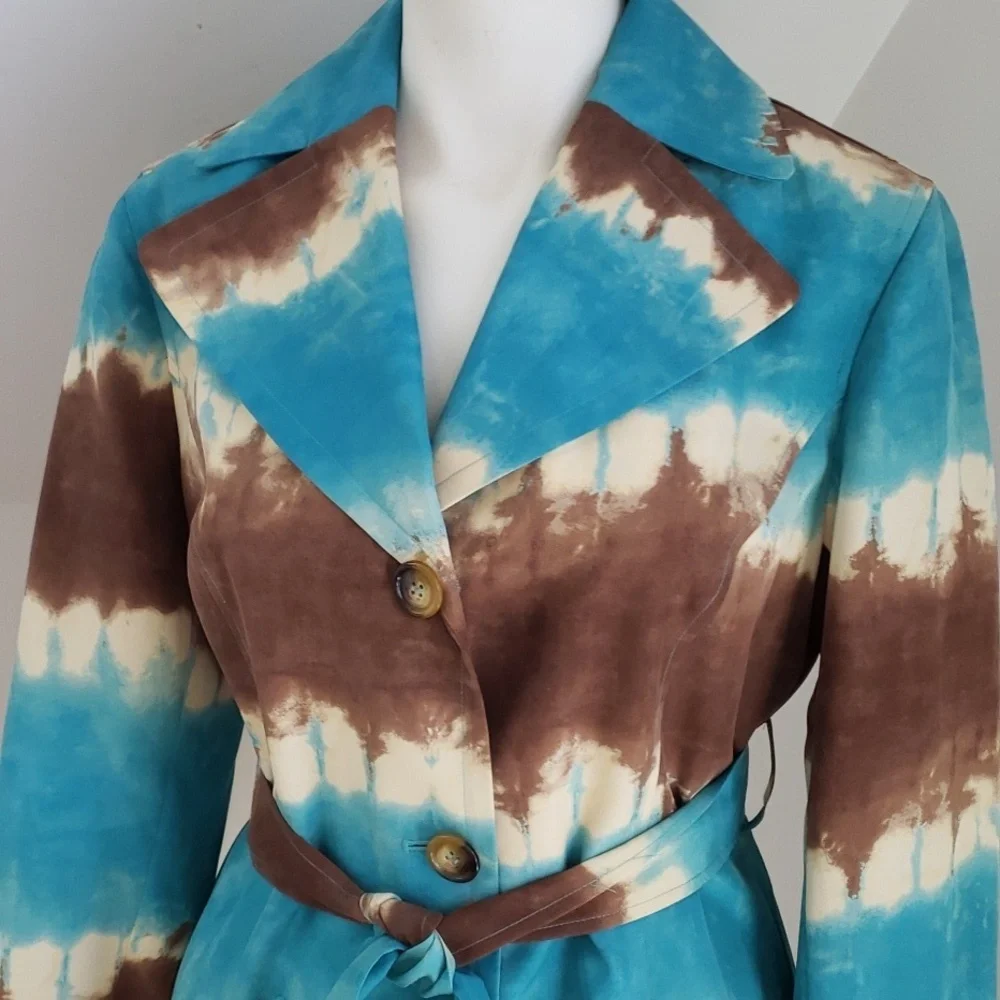 Anne Klein Womens Tie Dye Belted Aqua Blue Ivory Brown Big Collar Trench Coat, M